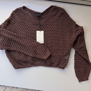 Open-Knit Cropped Sweater in Chocolate Brown - Unknown Brand